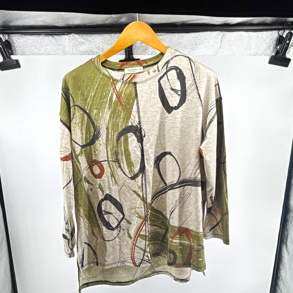 Jess & Jane Womens XL Abstract Knit Tunic Top 3/4 Sleeve Round Neck Pullover